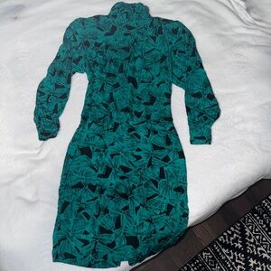 VINTAGE 80s/90s emerald green + black bishop sleeve dress w shoulder pads Size S